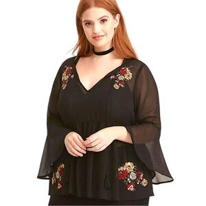 Torrid Sheer Floral Embroidered Black Chiffon Bell Sleeve Babydoll Blouse